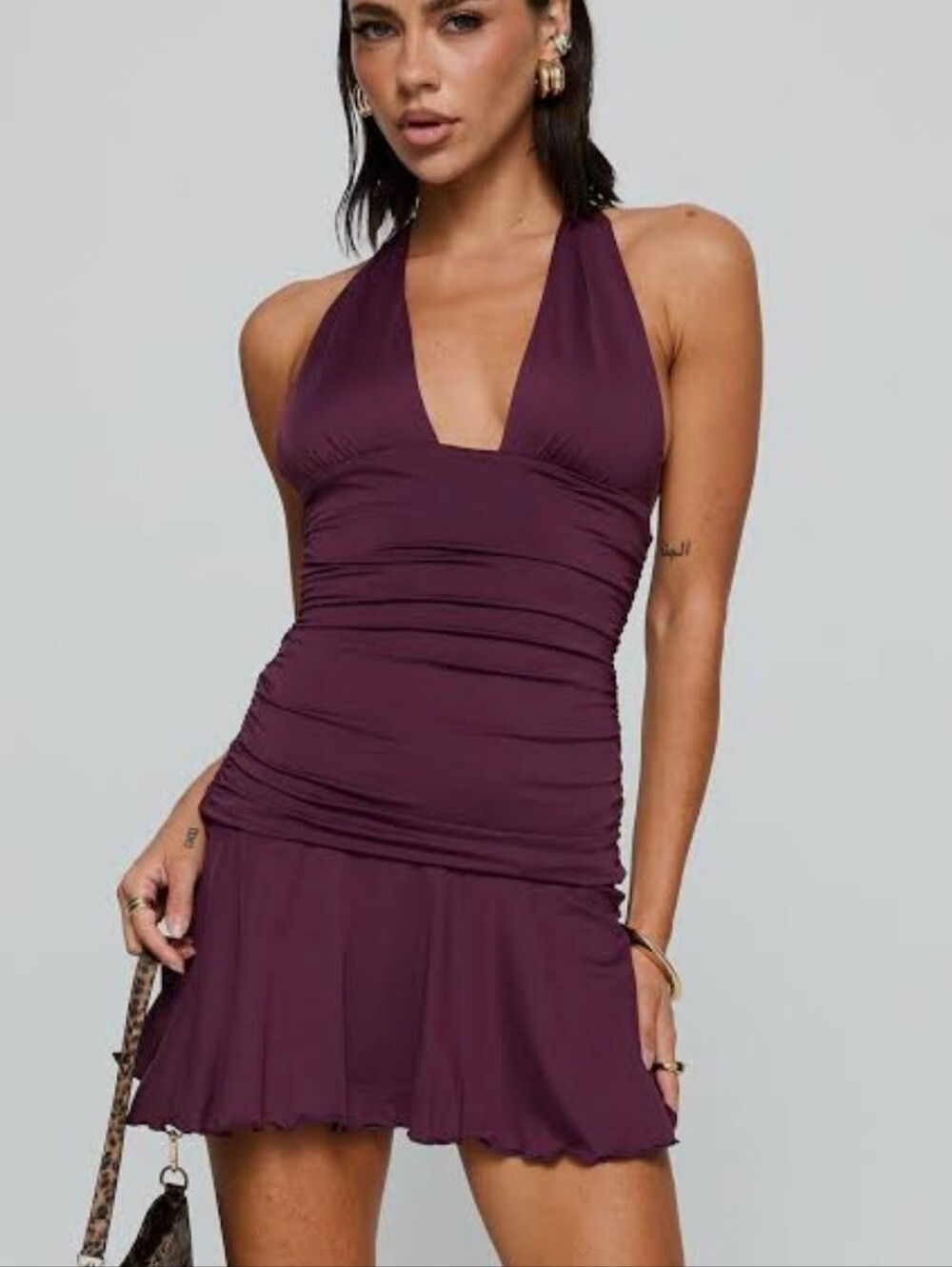 SHEIN Plum Halter Ruched One-Piece Swimdress